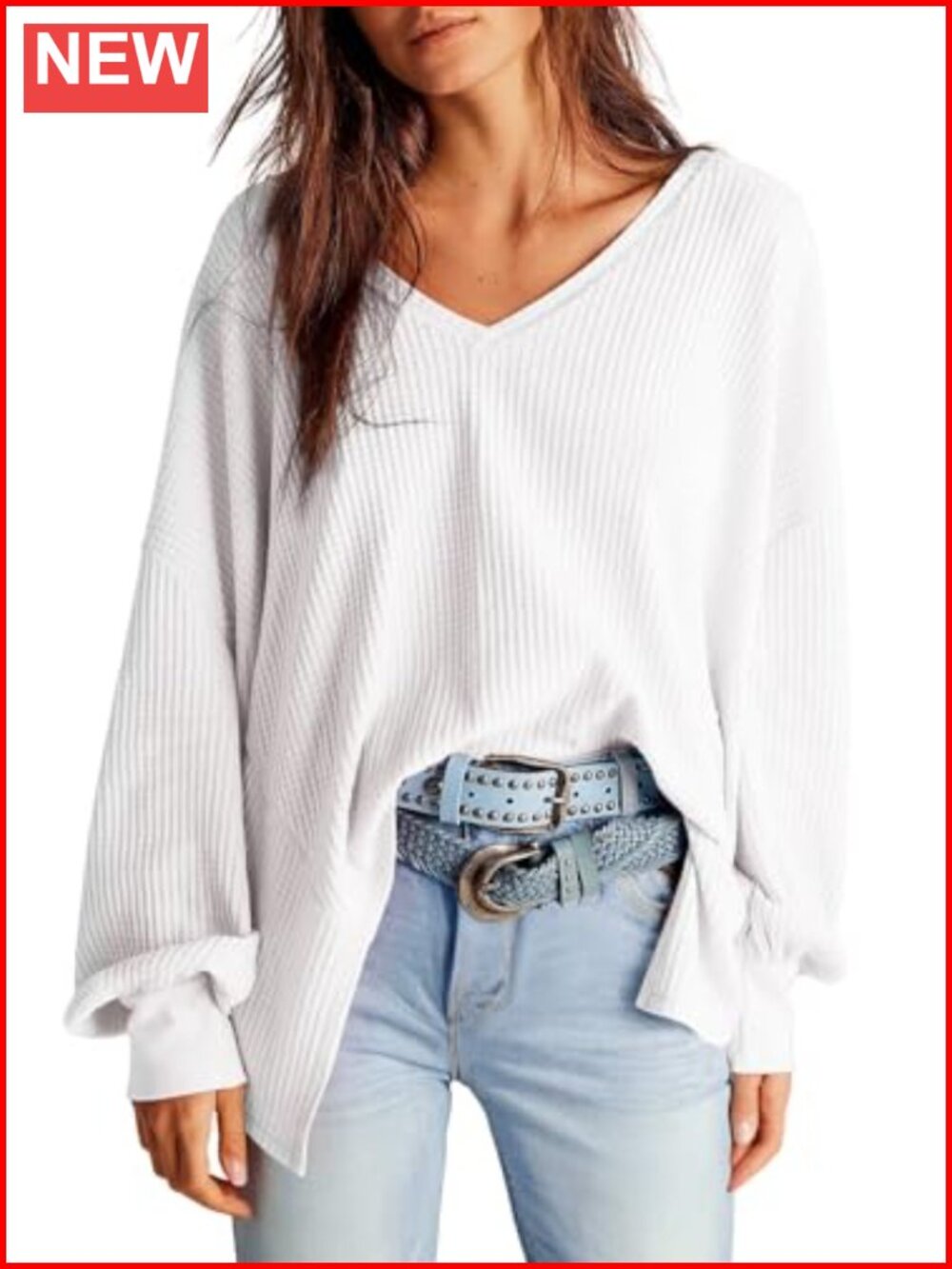 Waffle Knit V-Neck Oversized Tee, Batwing Sleeve Pullover, Lightweight Top